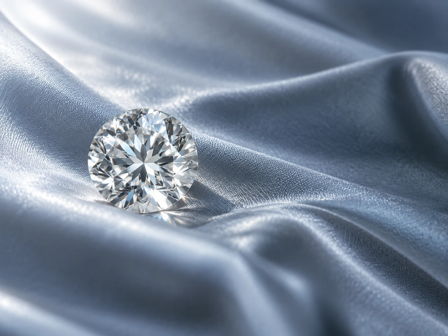 Editorial still-life of a loose diamond on silver-blue silk